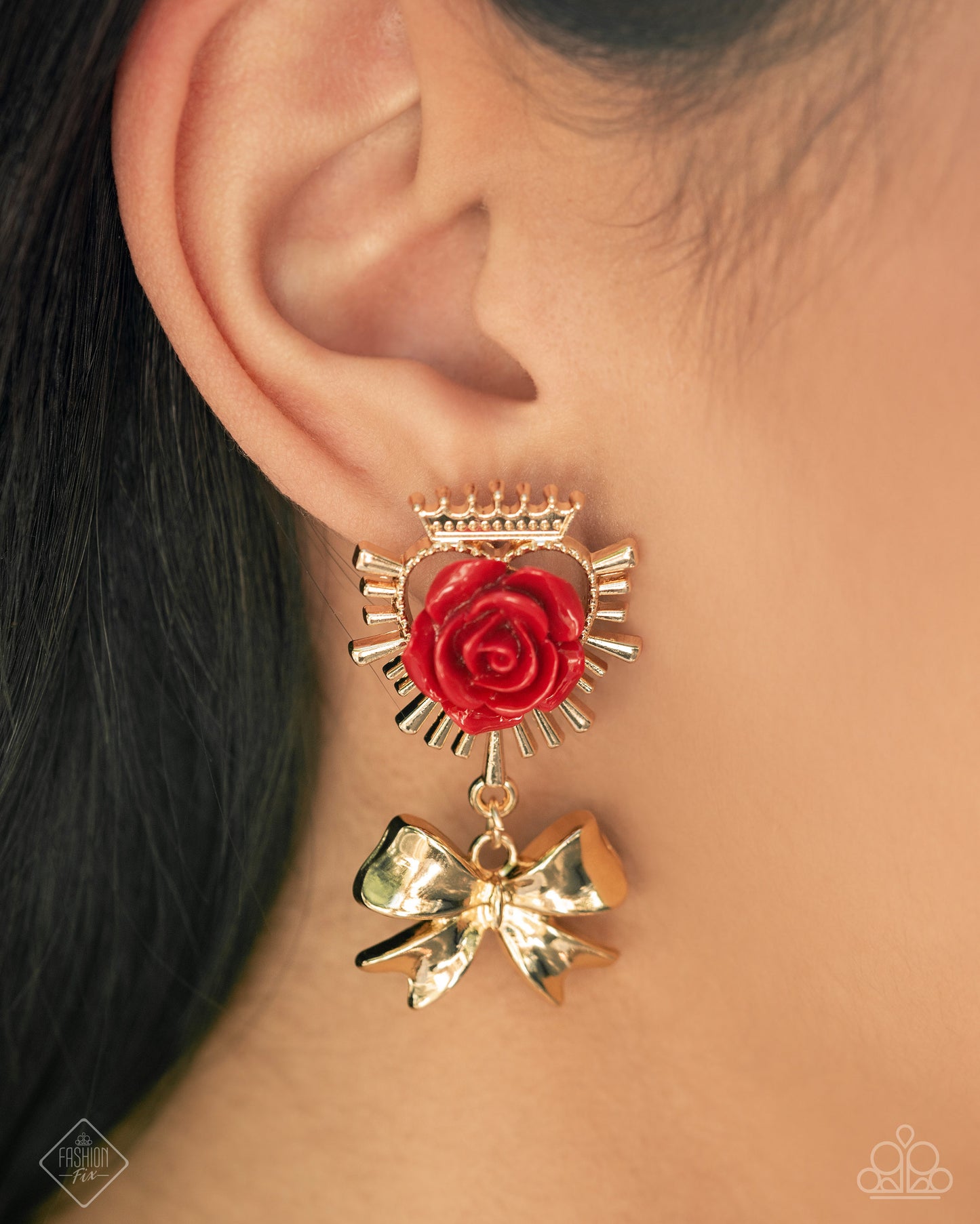 Victorian Value - Red Wine Rosette & Gold Bow Post Earring Glimpses Of Malibu November 2024 Fashion Fix Paparazzi E3029