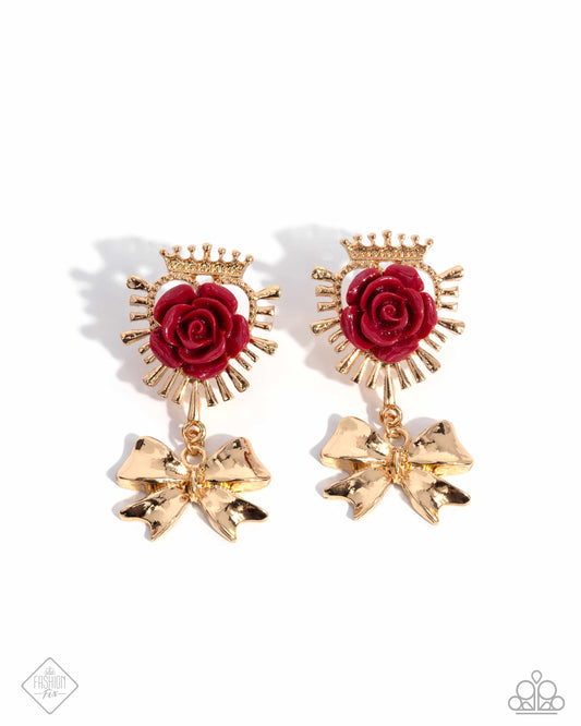 Victorian Value - Red Wine Rosette & Gold Bow Post Earring Glimpses Of Malibu November 2024 Fashion Fix Paparazzi E3029