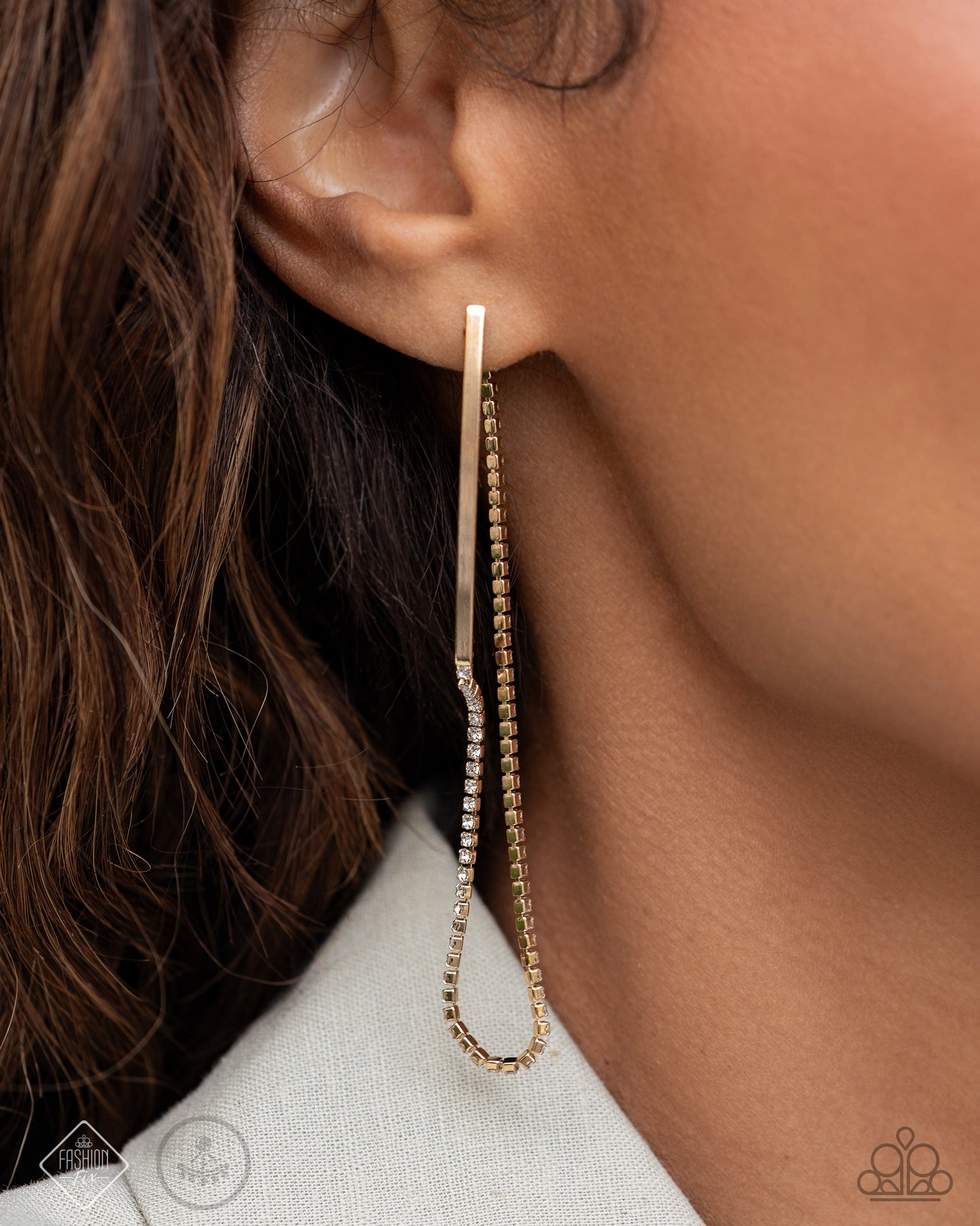 Tailored Trade - Gold & White Rhinestone Double Sided Post Earring Fiercely 5th Avenue Fashion Fix December 2024 Paparazzi
