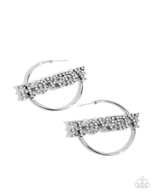 Howdy Hoedown - White Rhinestone "HOWDY" Santa Fe Style Silver Hoop Earrings Life Of The Party February 2025 Paparazzi E2686