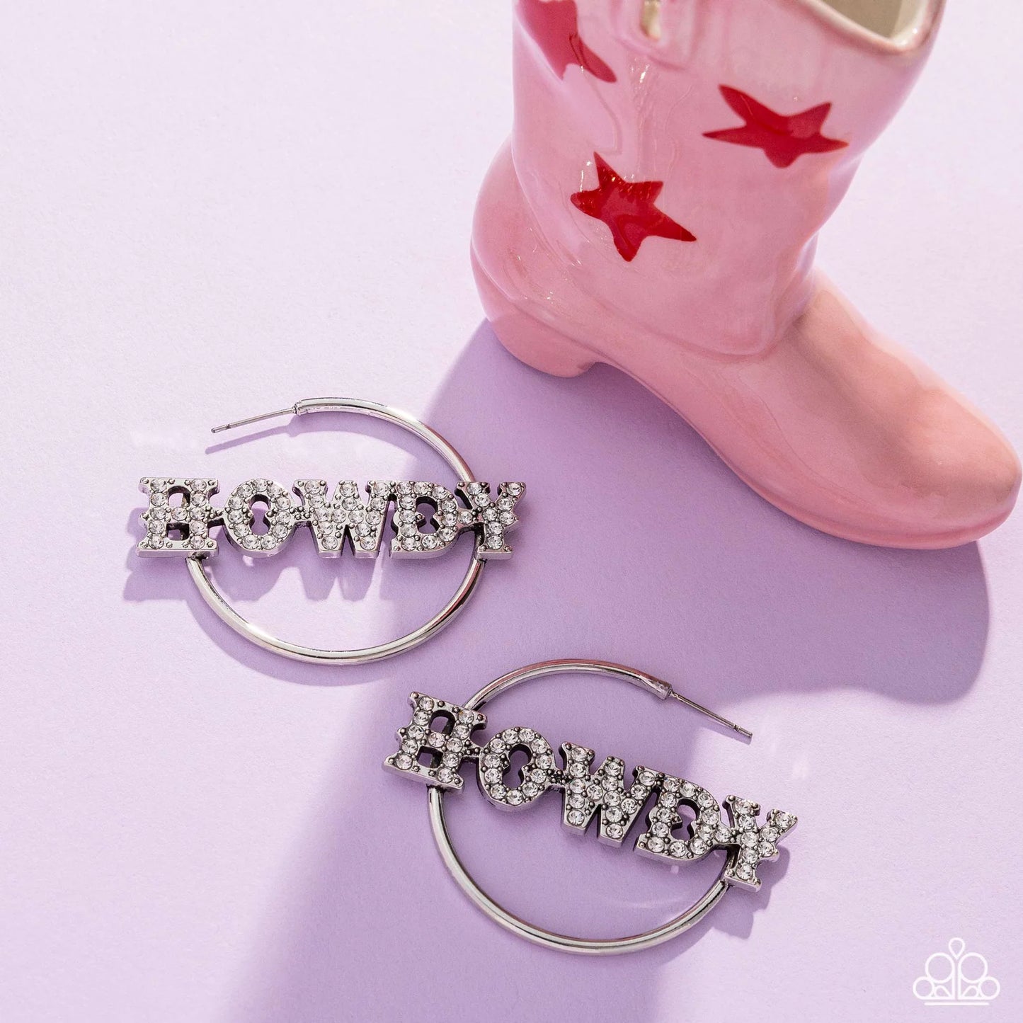 Howdy Hoedown - White Rhinestone "HOWDY" Santa Fe Style Silver Hoop Earrings Life Of The Party February 2025 Paparazzi E2686