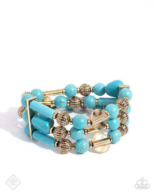 Coachella Confidence - Blue Turquoise Stone & Gold Stretch Bracelet Simply Santa Fe Fashion Fix January 2025 Paparazzi B2182
