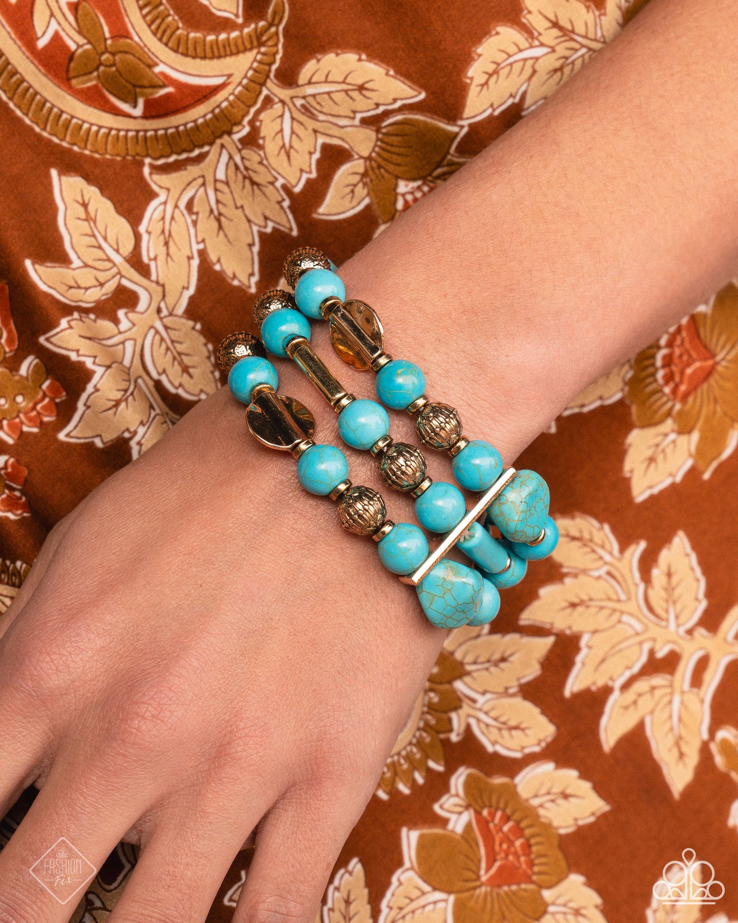 Coachella Confidence - Blue Turquoise Stone & Gold Stretch Bracelet Simply Santa Fe Fashion Fix January 2025 Paparazzi