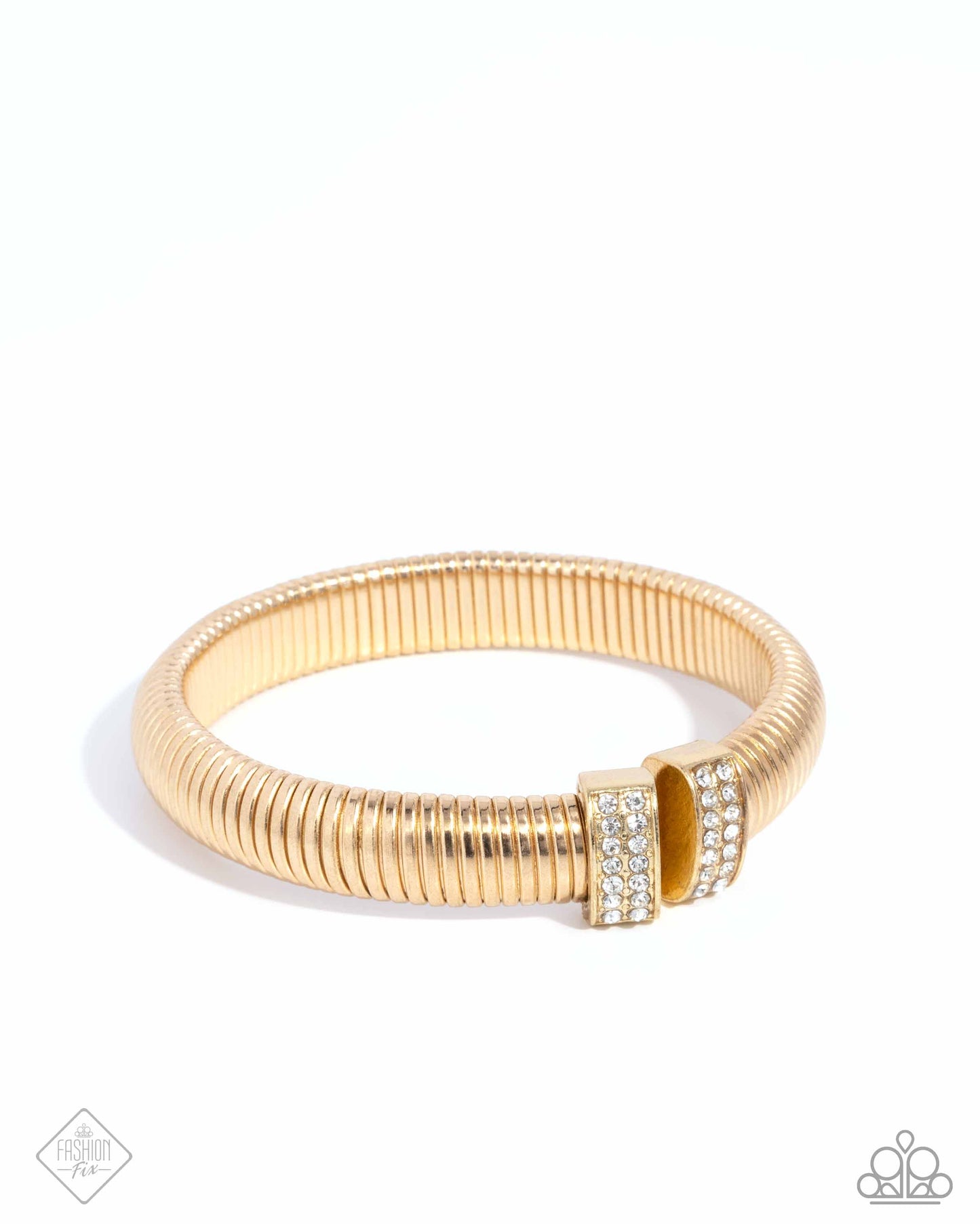 Tailored Transit - Gold Flexible Cuff & White Rhinestone Fitting Bracelet Fiercely 5th Avenue Fashion Fix December 2024 Paparazzi