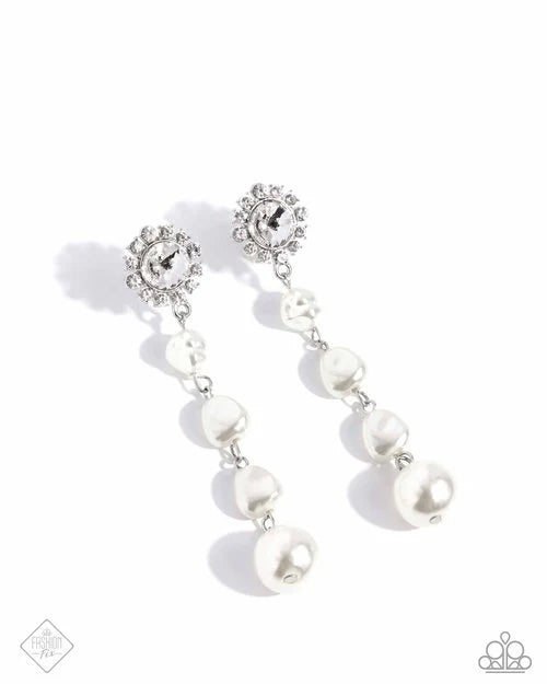 Paparazzi Modish Motif - White Pearl Rhinestone Silver Post Earrings Fiercely 5th Avenue Fashion Fix November 2024 E
