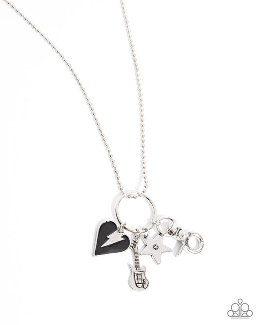 Rockstar 101 - Black Painted Heart & Silver Guitar, Star, Lighting Bolt Charm Lanyard Necklace Paparazzi N1002