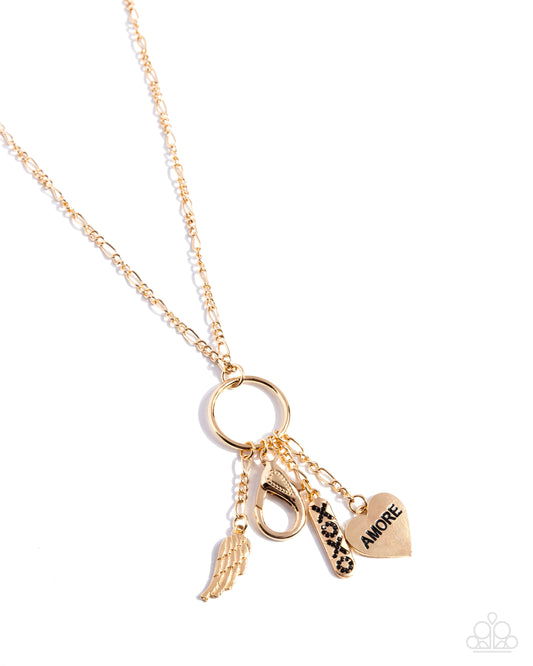 Con Amore - Gold "AMORE", Angel Wing, "XOXO" Charm Lanyard Necklace Paparazzi N0854