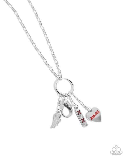 Con Amore - Red Charm Silver AMORE, XOXO, Angel Wing, Lanyard Necklace Paparazzi N2121