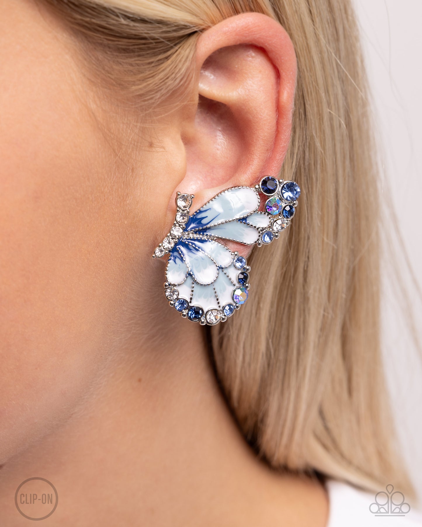 Decadent Descent - Blue Winter Sky & Navy Painted Butterfly Clip On Earring Paparazzi E2754