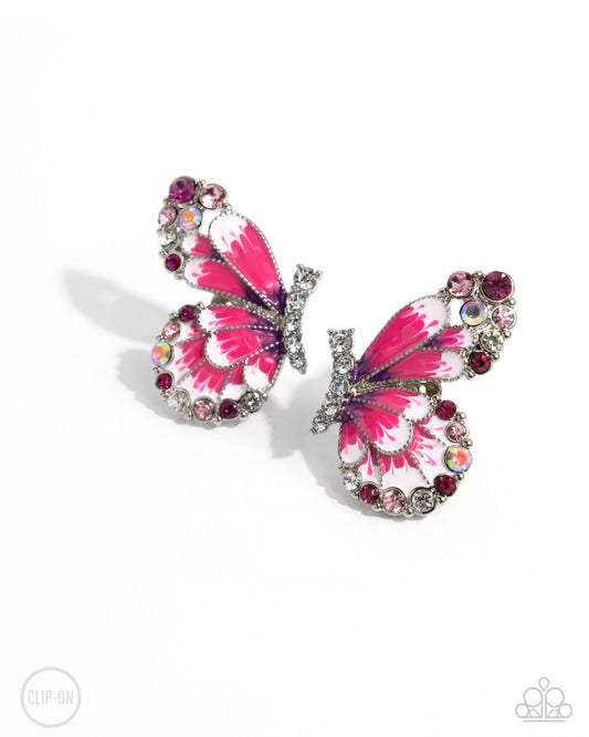 Decadent Descent - Pink, Light Rose & Iridescent Rhinestone Butterfly Clip-On Earring Paparazzi E2498