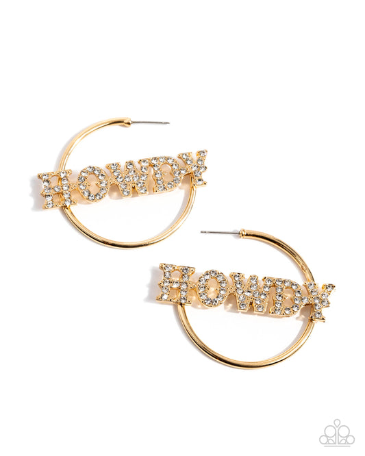 Howdy Hoedown - Gold White Rhinestone Western "HOWDY" Santa Fe Style 2 Inch Hoop Earring Paparazzi E2687