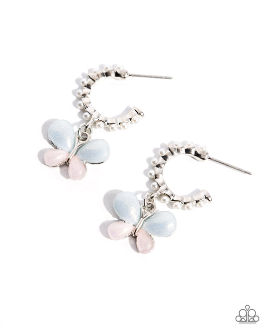 Fly to Your Heart - Multi Blue & Baby Pink Resin Wing White Pearl Butterfly 5/8 Inch Hoop Earring Paparazzi E2773