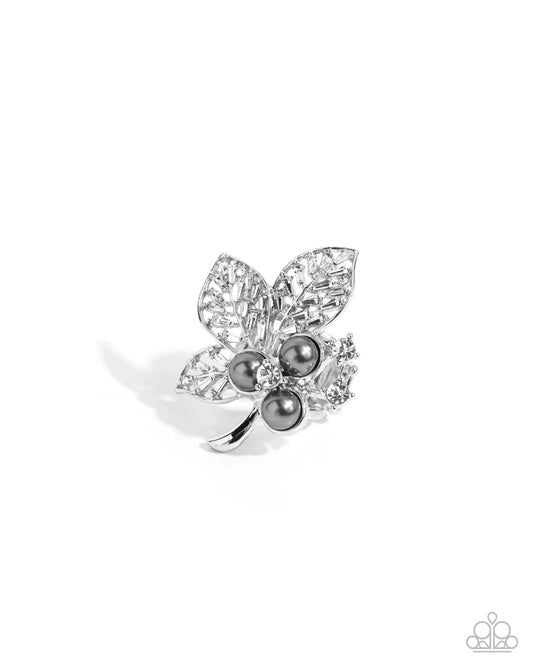 Luminescent Leaves - Silver Filigree Leaf Rhinestone & Gray Pearl Statement Ring Paparazzi R0876