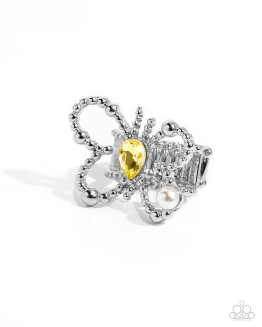 Aerial Artifact - Yellow, White Pearl, Silver Butterfly Ring Paparazzi R0445