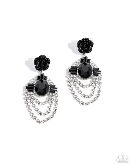 Rosy Rave - Black Rosette & White Rhinestone Post Earring Paparazzi E2352