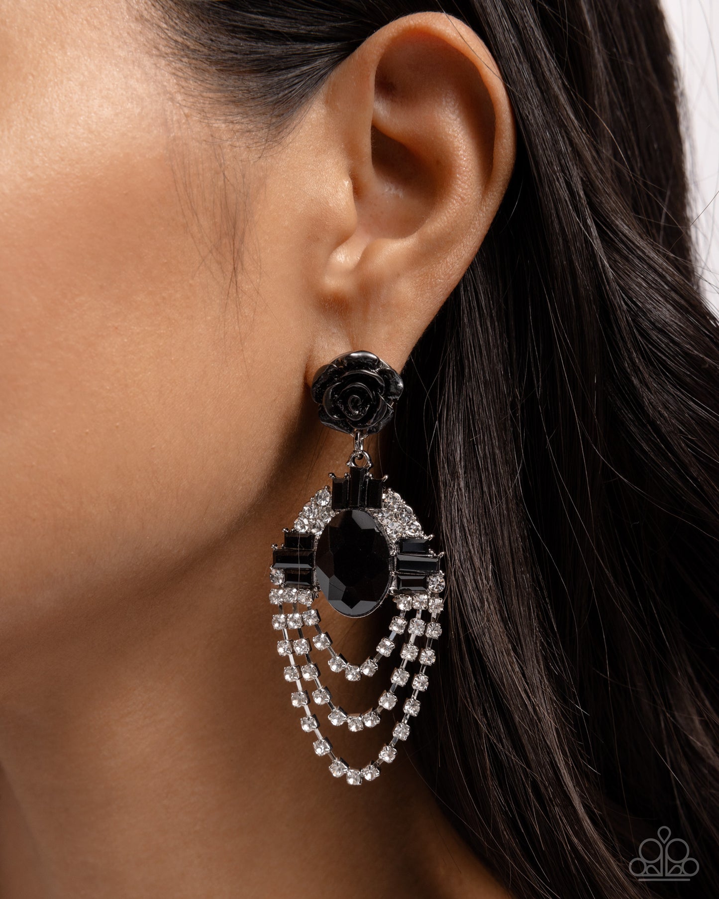 Rosy Rave - Black Rosette & White Rhinestone Post Earring Paparazzi E2352