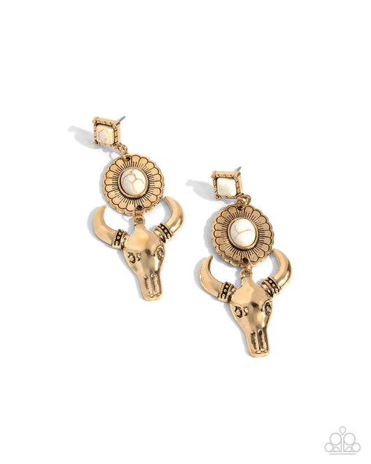 Western Week - Gold Longhorn Skull & White Stone Santa Fe Style Post Earring Paparazzi E2480