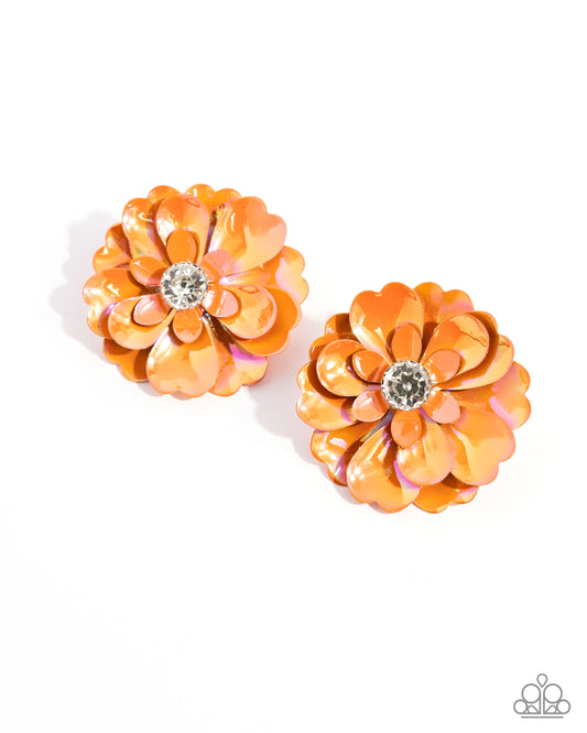 Growth Rate - Orange UV Shimmery Tinted Metallic Flower Post Earring Paparazzi E1992