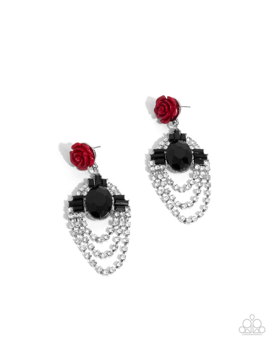 Rosy Rave - Red Rosette Black Gem Post Earring Paparazzi E2404