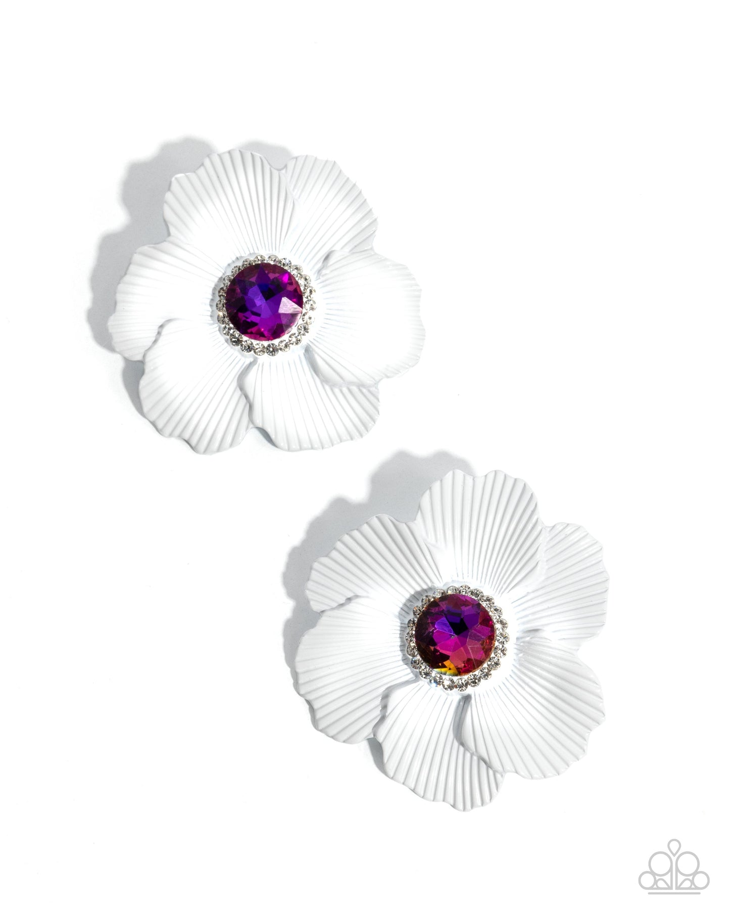 Organic Growth - White Painted Flower Pink UV Shimmery Gem Earring Paparazzi E0158