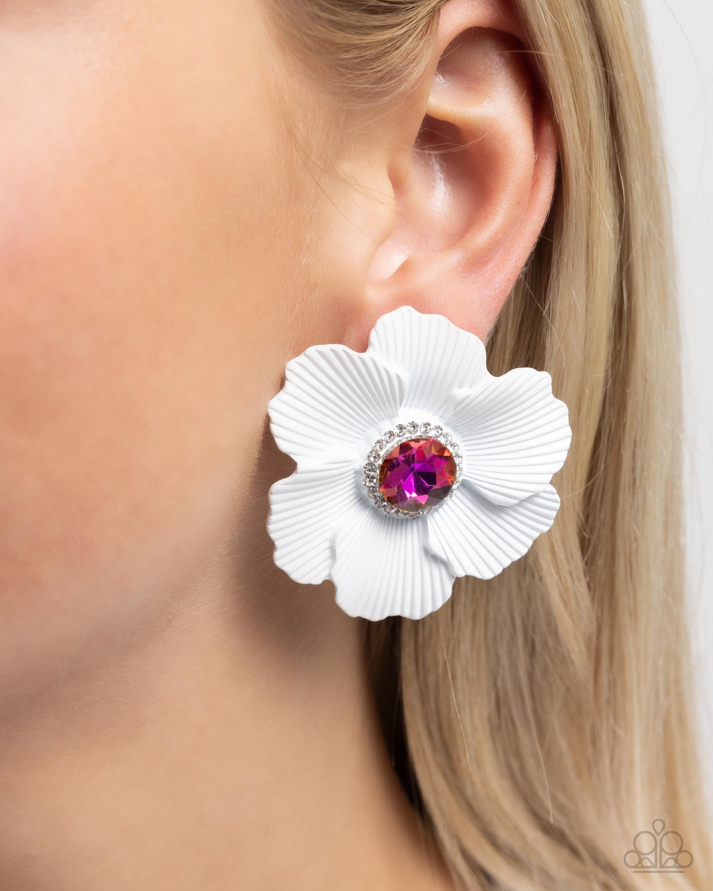 Organic Growth - White Painted Flower Pink UV Shimmery Gem Earring Paparazzi E0158