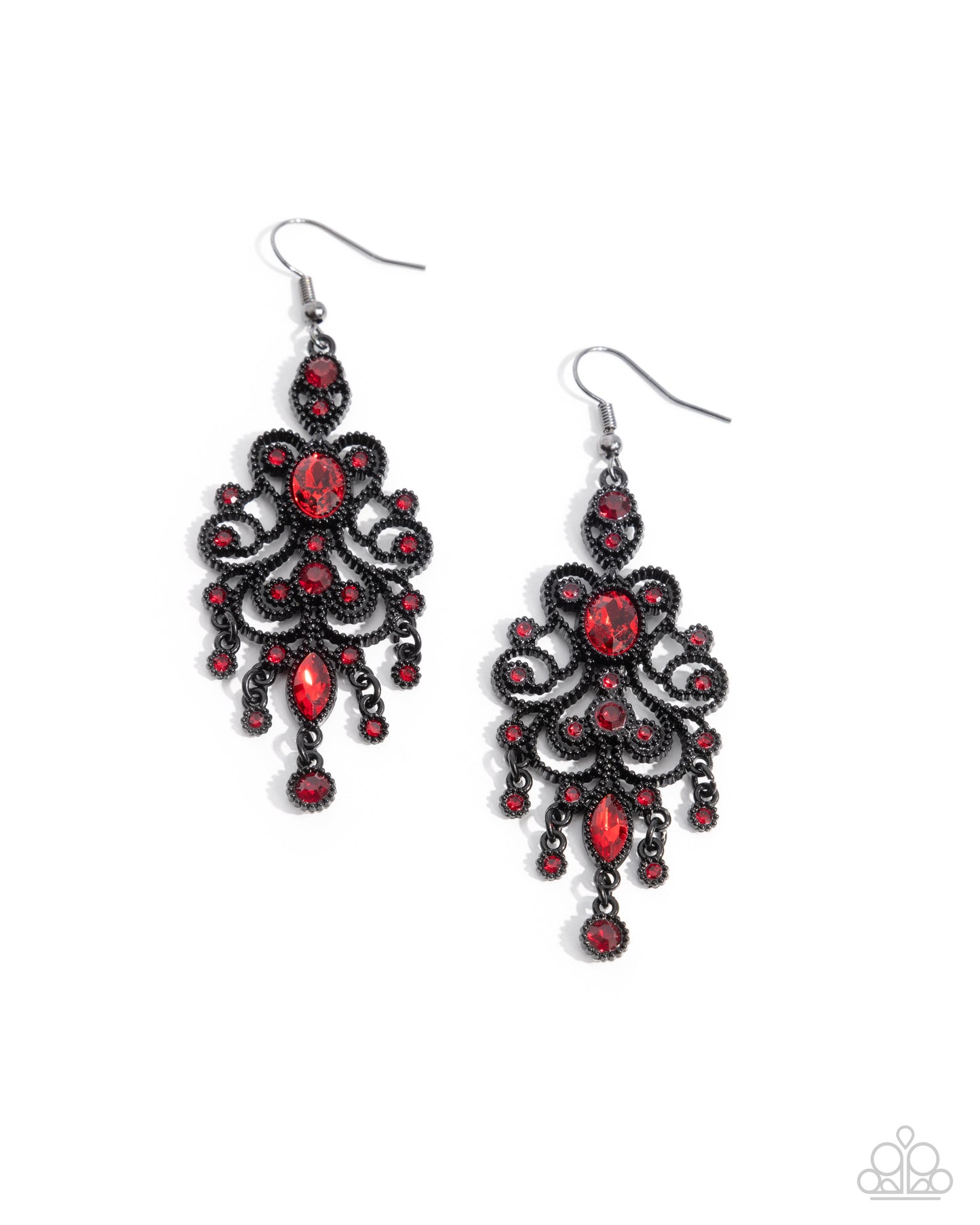 Chandelier Celebration - Red Rhinestone & Black Painted Frame Filigree Style Earring Paparazzi E2769