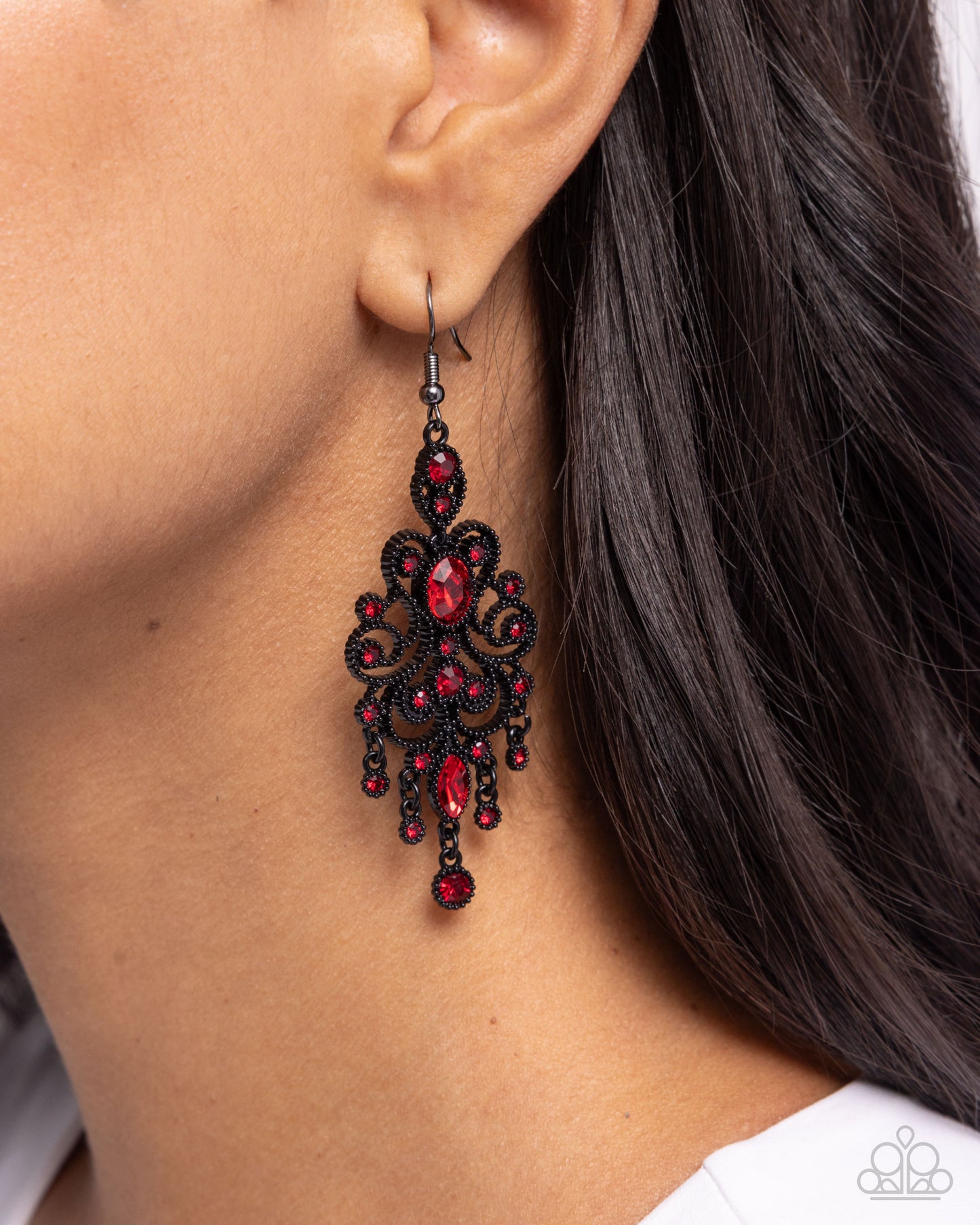 Chandelier Celebration - Red Rhinestone & Black Painted Frame Filigree Style Earring Paparazzi E2769