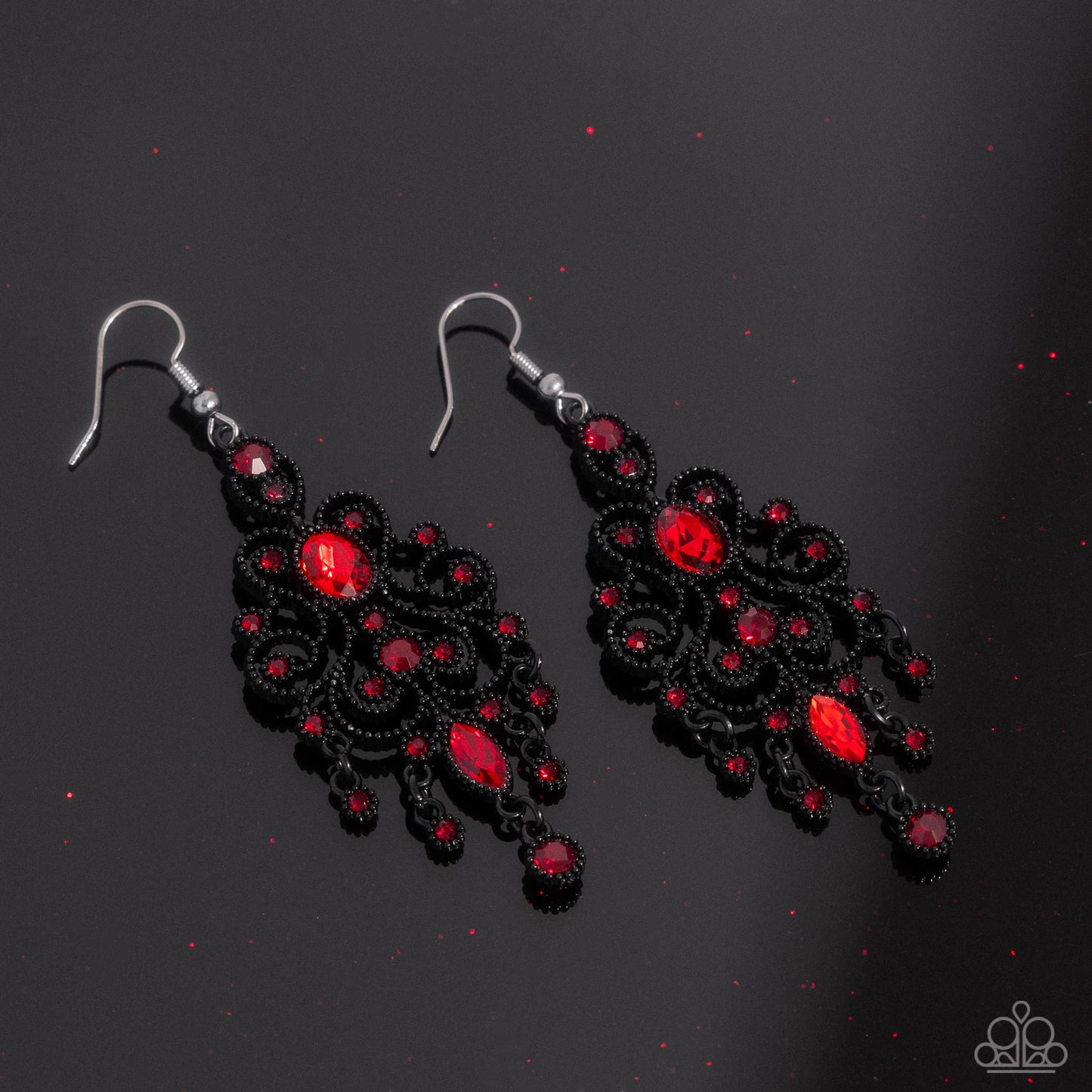 Chandelier Celebration - Red Rhinestone & Black Painted Frame Filigree Style Earring Paparazzi E2769
