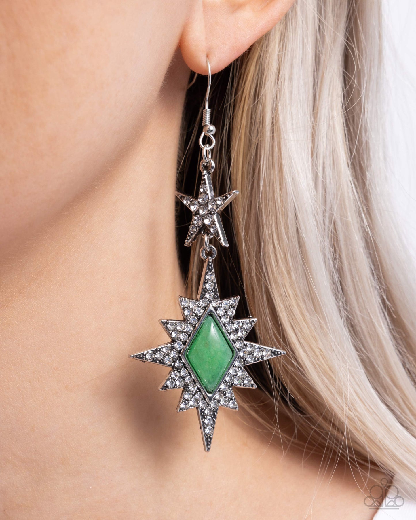 Stellar State of Mind - Green Jade Stone & White Rhinestone Star Earring Paparazzi E2546