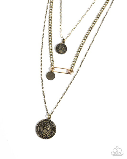 Sunset Safety - Brass Coin Like Pendant Layered Necklace Paparazzi N3237