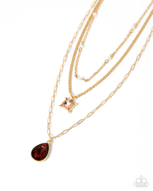 Giddy Glitter - Brown Tea Gem Layered Gold Necklace Paparazzi N2777
