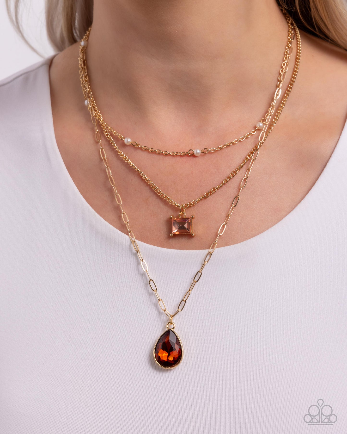 Giddy Glitter - Brown Tea Gem Layered Gold Necklace Paparazzi N2777