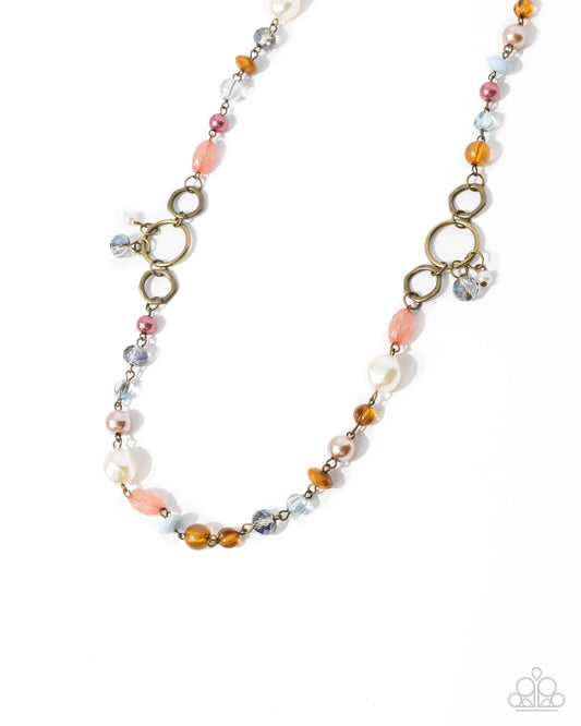 Eclectic Embrace - Brass- Antiqued Brass Chain, Desert Rose, Buckthorn, Pearl Bead Necklace Paparazzi N2875