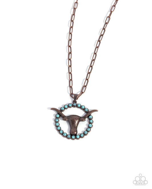 Longhorn Lasso - Copper Longhorn Skull Turquoise Stone Santa Fe Style Necklace Paparazzi N2659