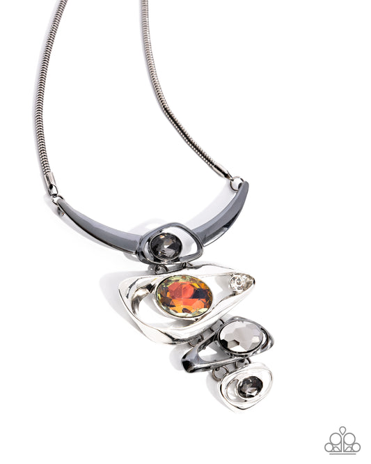 Abundantly Abstract - Black Gunmetal Snake Chain, Smoky, Hematite & Oil Spill Gem Necklace Paparazzi N3176