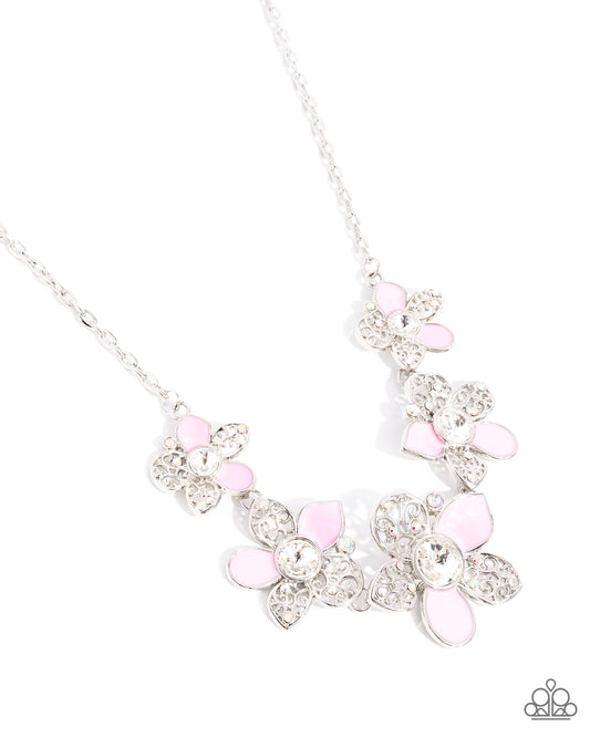 April Showers Bring Flowers - Pink - Baby Pink Painted, White Gem & Iridescent Rhinestone Flower Necklace Paparazzi N3077