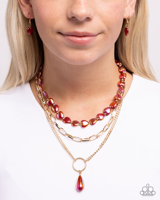 Admirable Affection - Red UV Shimmery Heart Shaped Bead & Teardrop Gold Layered Necklace Paparazzi
