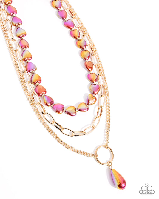Admirable Affection - Red UV Shimmery Heart Shaped Bead & Teardrop Gold Layered Necklace Paparazzi