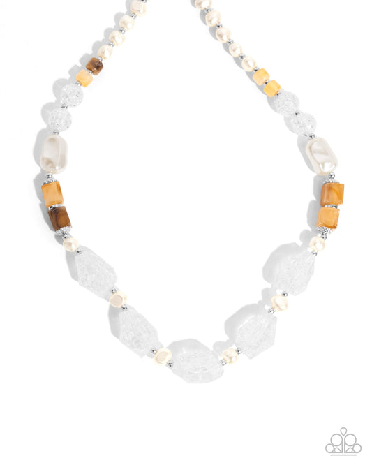 Crackling Chic - White, Amber & Baroque Pearl Bead Necklace Paparazzi N3219