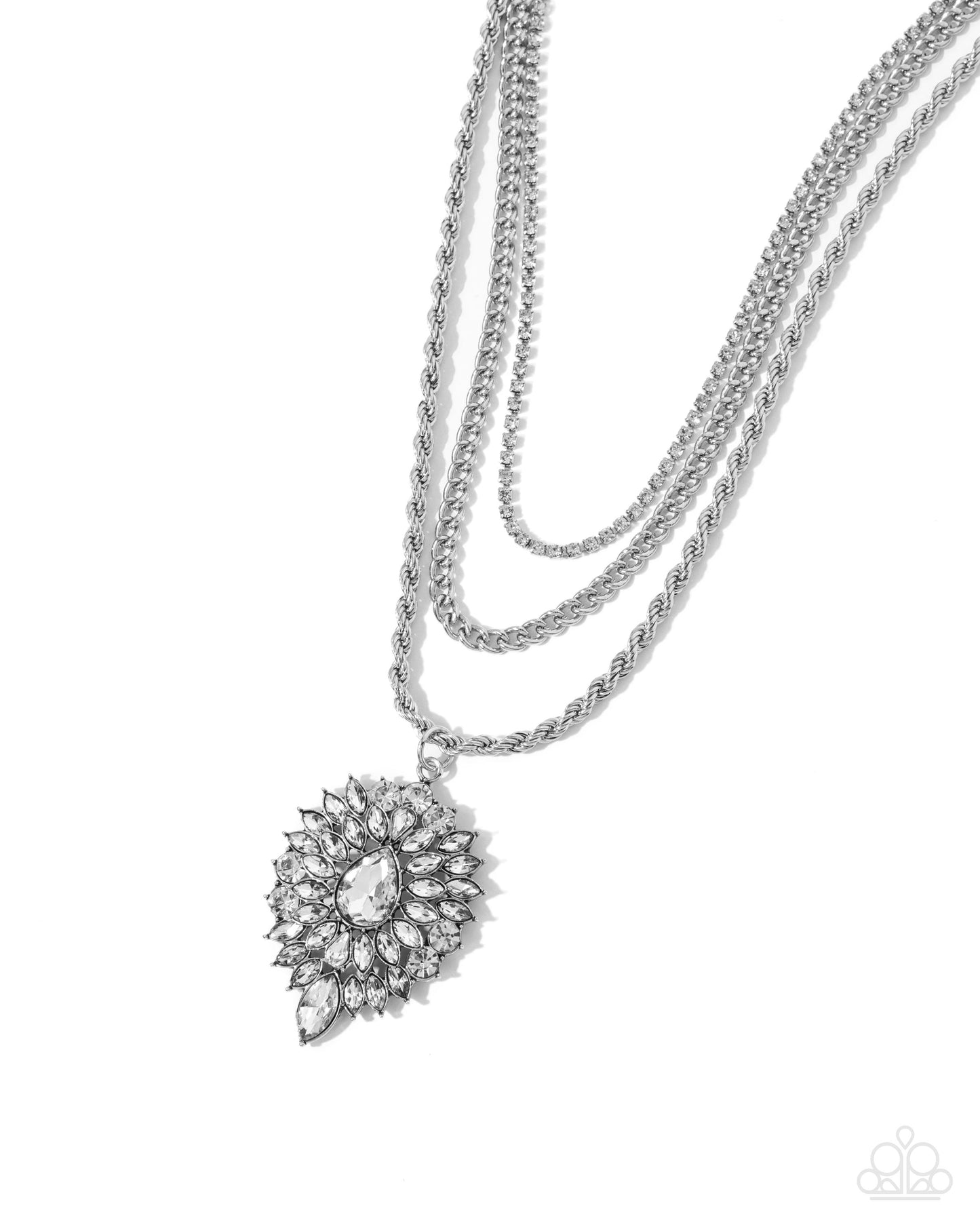 Adorably Administrative - White Rhinestone Gem Silver Layered Necklace Paparazzi N0062