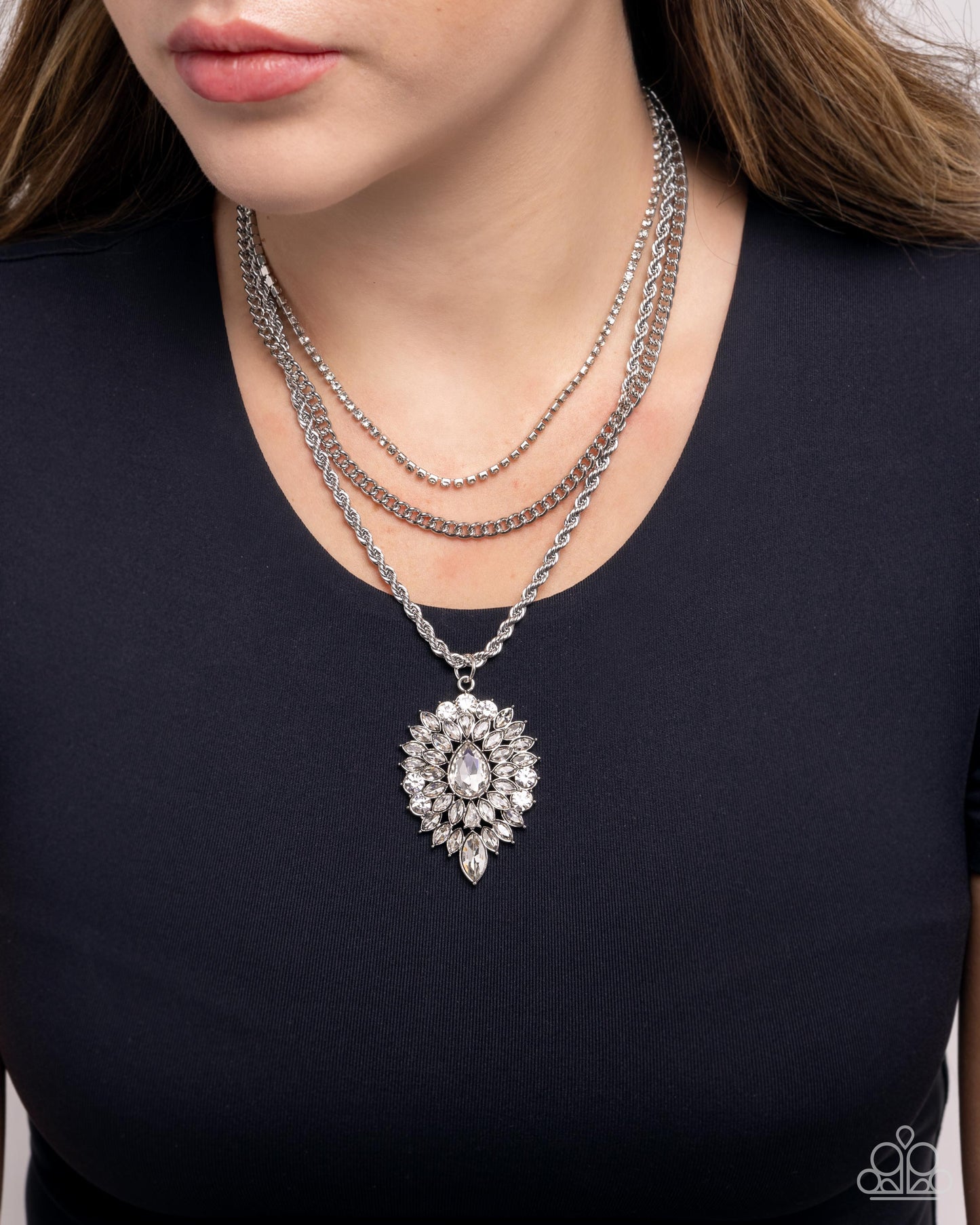 Adorably Administrative - White Rhinestone Gem Silver Layered Necklace Paparazzi N0062