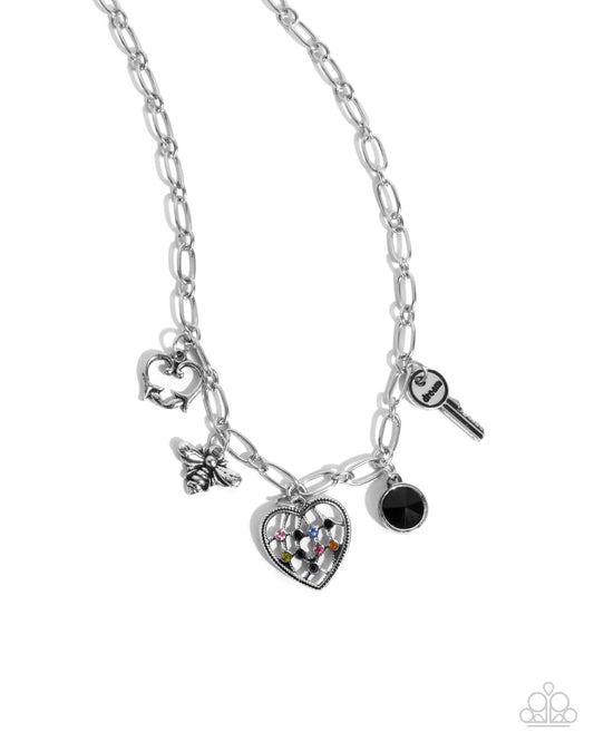Reminiscent Reveal - Black Gem, Silver Bee, Multicolored Rhinestone Heart Charm Style Necklace Paparazzi N2795