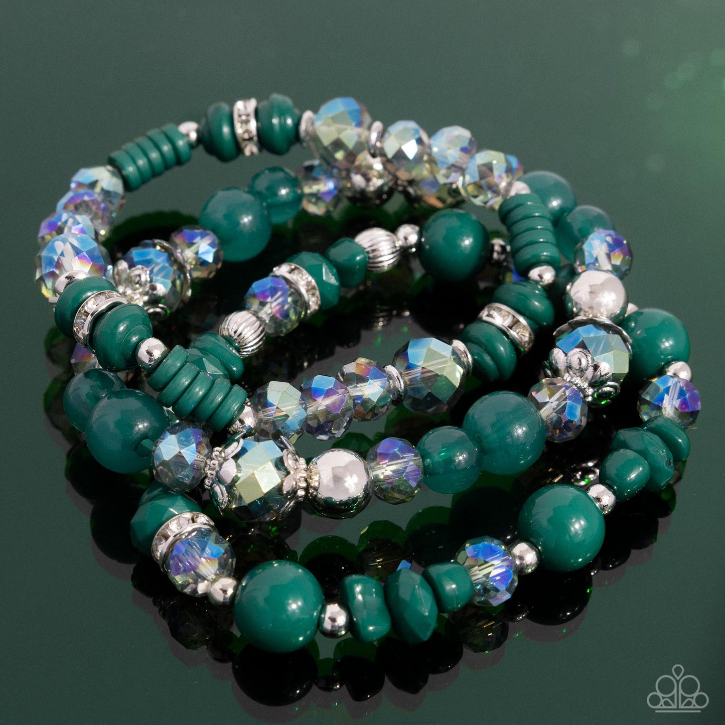 Complimentary Chic - Green Aventurine & Iridescent Bead Set of 3 Stretch Bracelet Set Paparazzi