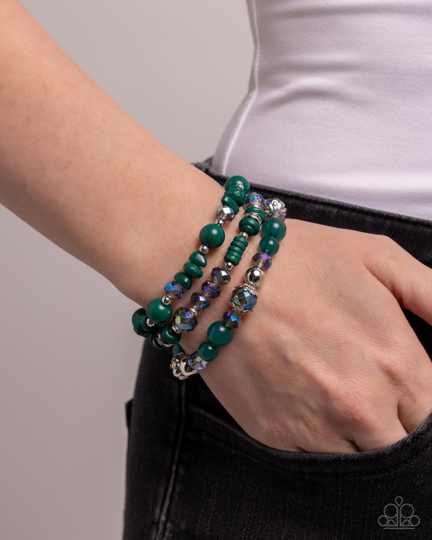 Complimentary Chic - Green Aventurine & Iridescent Bead Set of 3 Stretch Bracelet Set Paparazzi