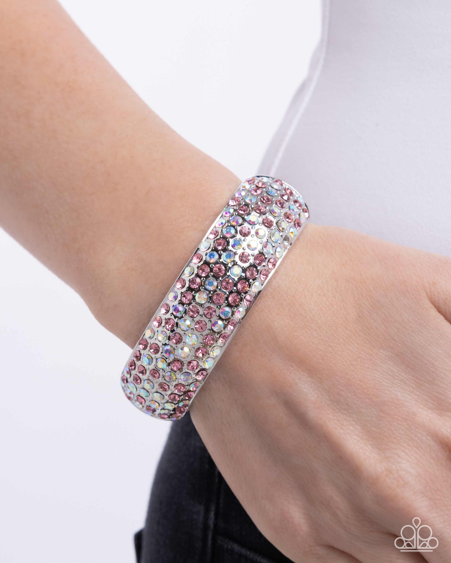 Triumphant Twinkle - Pink, Light Rose, Pink Iridescent & Opalescent Pink Rhinestone Hinge Bracelet Paparazzi B1881