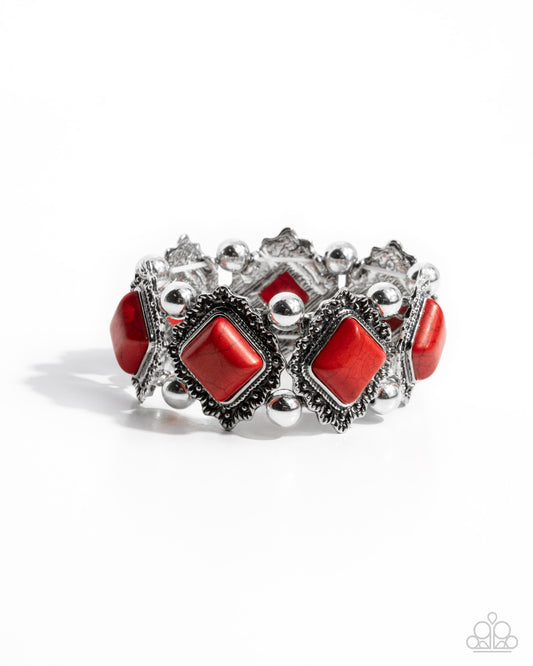 Noble Nature - Red Marbled Stone & Silver Stud Embellished Stretch Santa Fe Style Bracelet Paparazzi B2037