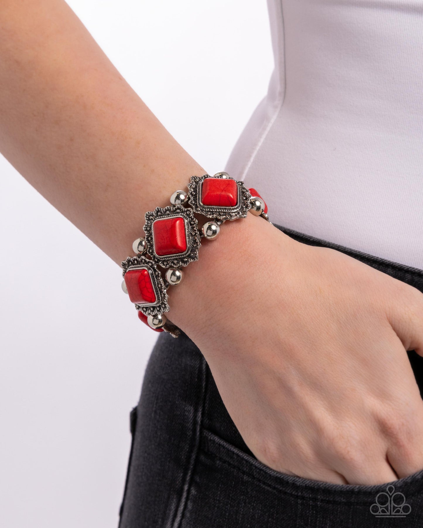 Noble Nature - Red Marbled Stone & Silver Stud Embellished Stretch Santa Fe Style Bracelet Paparazzi B2037