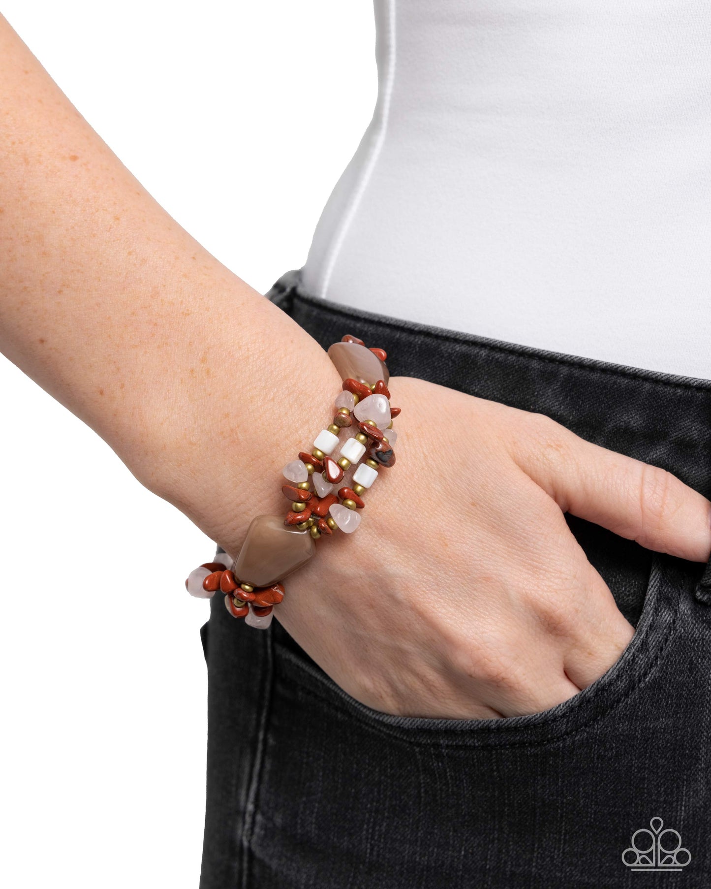 Garden Palette - Red, Rose Quartz, Raw Umber, Brass Bead Stretch Bracelet Paparazzi B1952