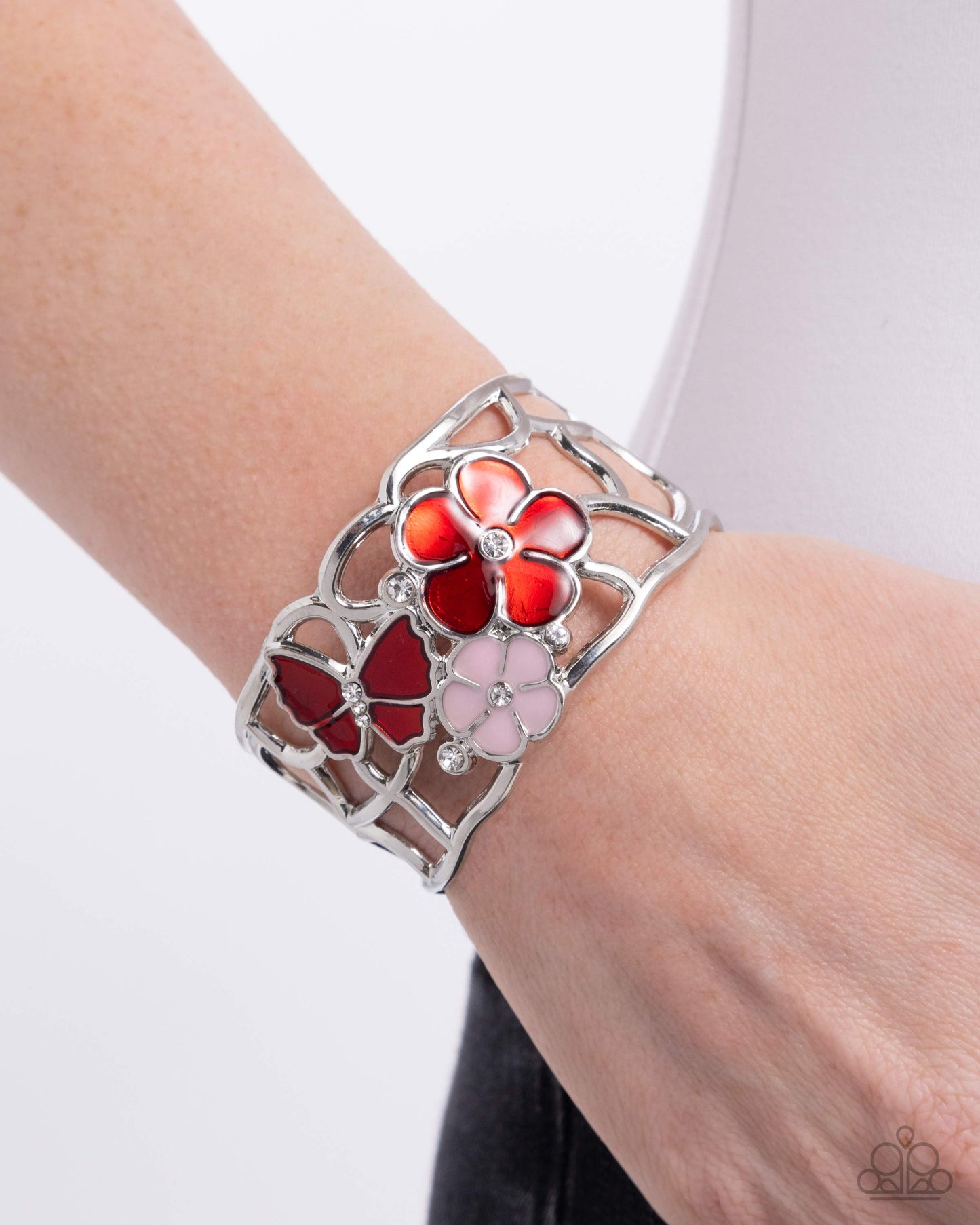 Whimsical Watercolor - Red & Baby Pink Painted Flower Silver Butterfly Cuff Bracelet Paparazzi B2364