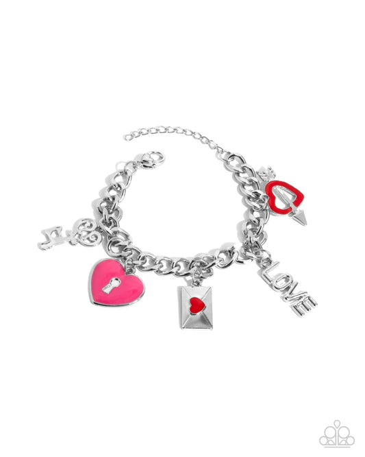 Valentines Variety - Multi Red, Pink Heart Silver Charm Bracelet Paparazzi B1976
